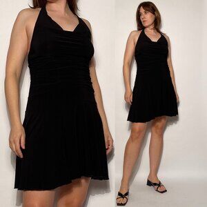 Vintage Y2K Slinky Black Drop Waist Halter Dress -- Small to Medium